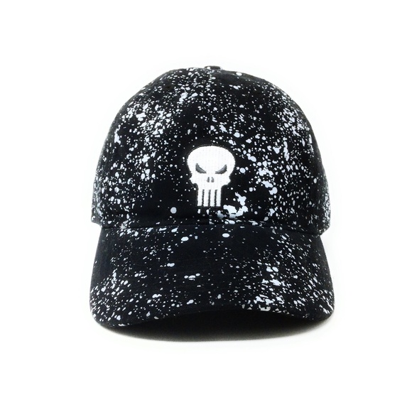 Punisher Logo - Heavy Wash Cotton Twill with Splatter Print - Black Dad Cap Buck - Picture 1 of 4